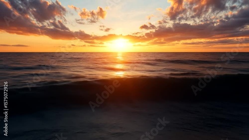 Vibrant sunset over ocean with orange and golden hues reflective on water featuring cloud formations. Tranquil scene showcasing natural light and horizon details