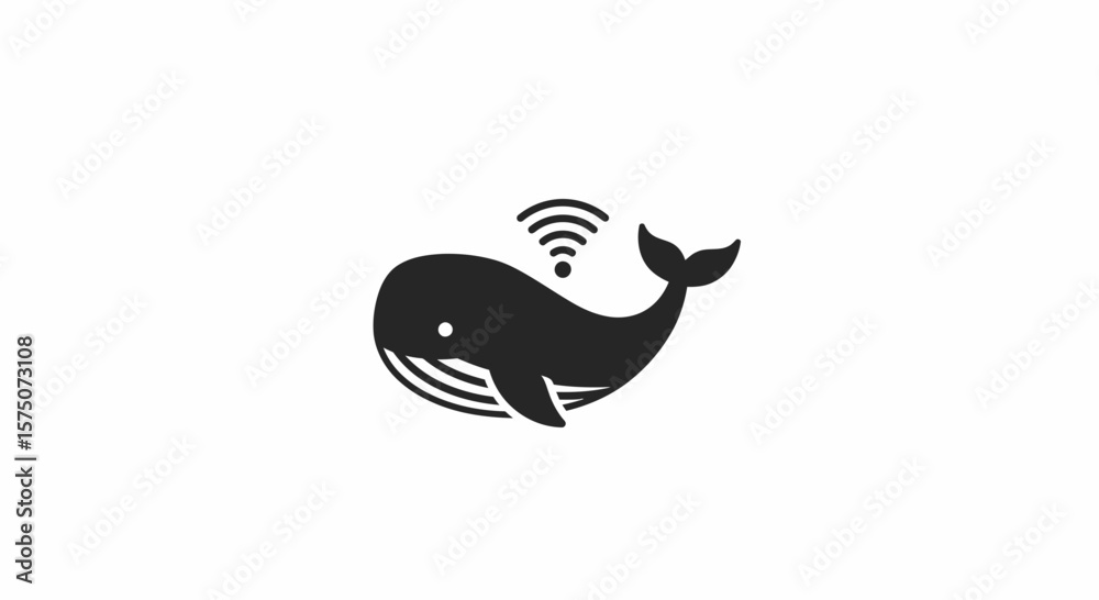 Obraz premium Illustration of a black whale with wifi symbol above on white background
