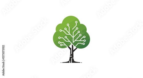 Illustration of a digital tree with green foliage and circuit branches