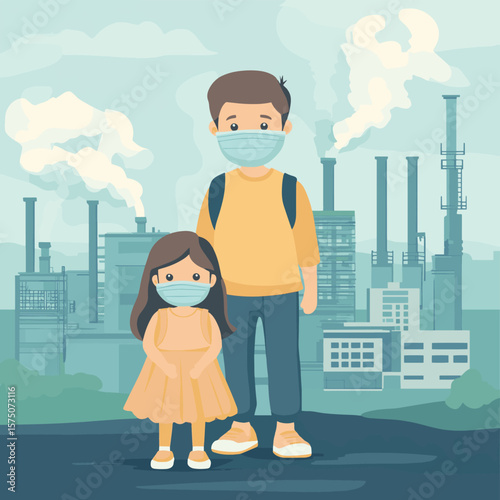 Family wearing face masks tor protect smoke, pm 2.5, dust and air pollution in city, factory pipes and industrial smog vector illustration. Environmen, vector style simple color