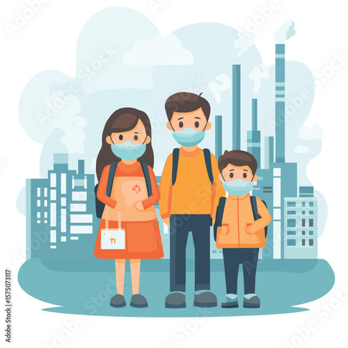 Family wearing face masks tor protect smoke, pm 2.5, dust and air pollution in city, factory pipes and industrial smog vector illustration. Environmen, vector style simple color