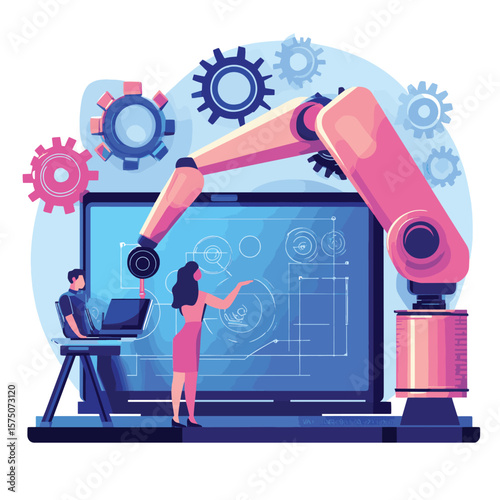 Humans and cobot robotic arm collaborate at laptop fixing gears