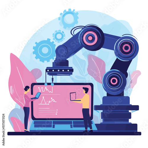 Humans and cobot robotic arm collaborate at laptop fixing gears