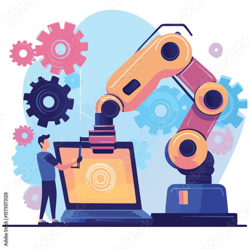 Humans and cobot robotic arm collaborate at laptop fixing gears