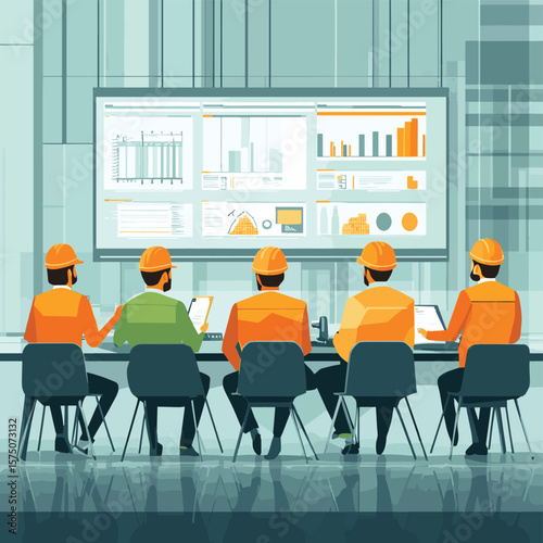 Vector of technicians and engineers meeting to discuss machine improvement and maintenance planing in conference room. Industrial workers concept, vector style simple color