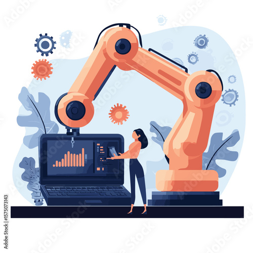 Humans and cobot robotic arm collaborate at laptop fixing gears