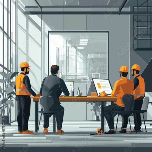 Vector of technicians and engineers meeting to discuss machine improvement and maintenance planing in conference room. Industrial workers concept, vector style simple color