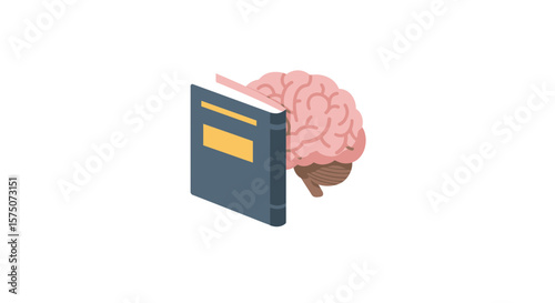 Isometric book stands next to a brain representing knowledge and learning