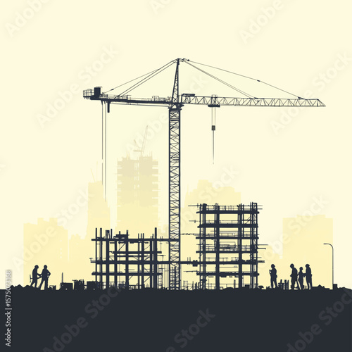 Vektor Silhouetten Bauindustrie - Baumaschinen und Baukrane im Einsatz auf Baustellen - Industrie und Anlagen Investitionen in der Wirtschaft und in Unternehmen - Standort Stadt -