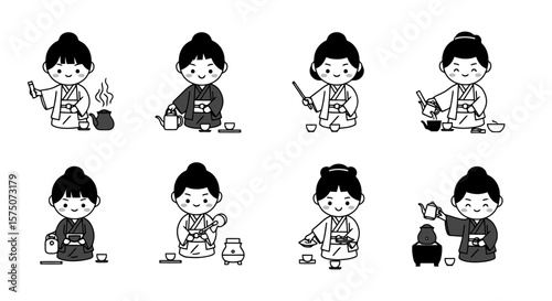 Japanese Tea Ceremony Icons: Minimalist Black and White Illustration