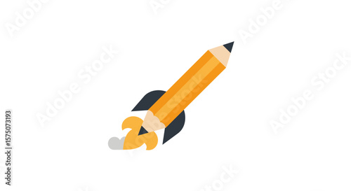 Illustration of a pencil rocket with flames launching into the sky