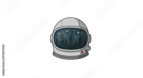 Illustration of an astronaut helmet reflecting a starry night forest