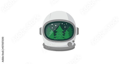 Astronaut helmet reflecting a forest scene with stars in the visor view