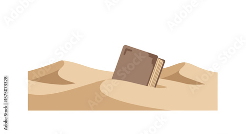 A brown book half buried in the sand dunes under a white background
