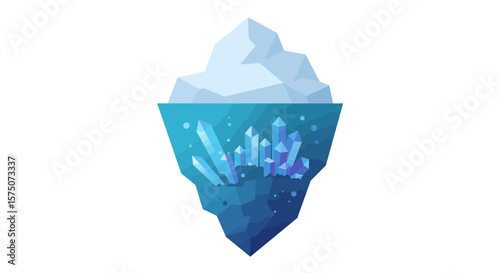 Illustration of an iceberg with visible crystals beneath the water line