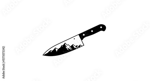 Black and white chef knife with mountain range silhouette inside blade