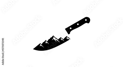 Black silhouette of a knife with mountain range along the blade edge