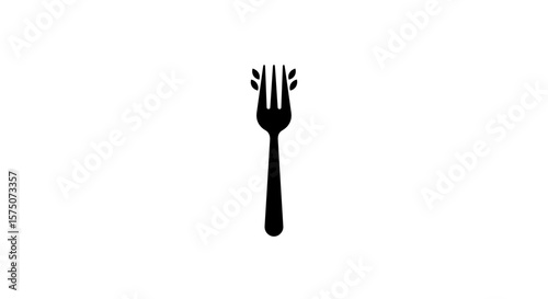 A simple black fork with leaves on the tines against white background