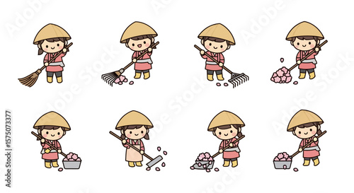 Japanese Girl Sweeping Cherry Blossoms: Animation Frames