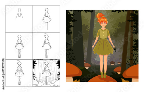 A step-by-step guide on how to draw an elf girl. tutorial for beginners, coloring book, online art, empty outlines. thicket of the forest, pointy-eared woman, fairy, fantasy creature. Grey and green
