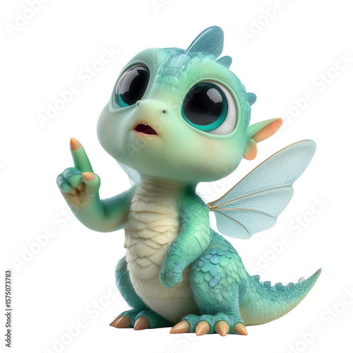 Dragón Bebé 3D Lindo Sorprendido Señalando con Ala en Fondo Blanco
