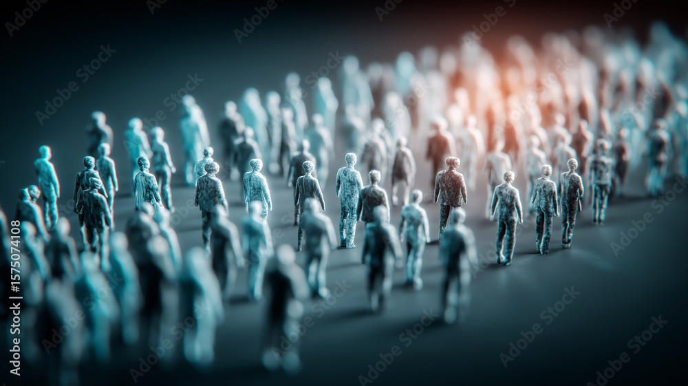 Fototapeta premium A focused spotlight on one figure within a crowd of miniatures, emphasizing individuality and data driven audience segmentation. 