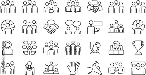 A collection of line art icons representing teamwork communication and achievements