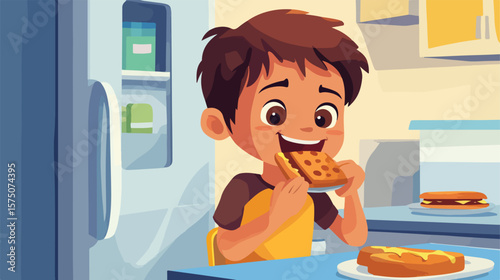 Hungry Boy Enjoying Eating in Front of Refrigerator