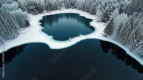 Aerial view of a serene winter landscape featuring a dark blue lake surrounded by snow-covered pine trees. The tranquil scene evokes a sense of coldness and peace