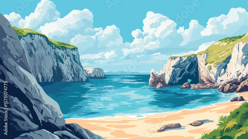 Serene Idyllic Coastline with Tranquil Waters and Rocky Cliffs
