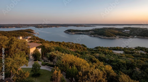 Scenic Lake Travis View at Sunset, Texas Hill Country Landscape, Real Estate