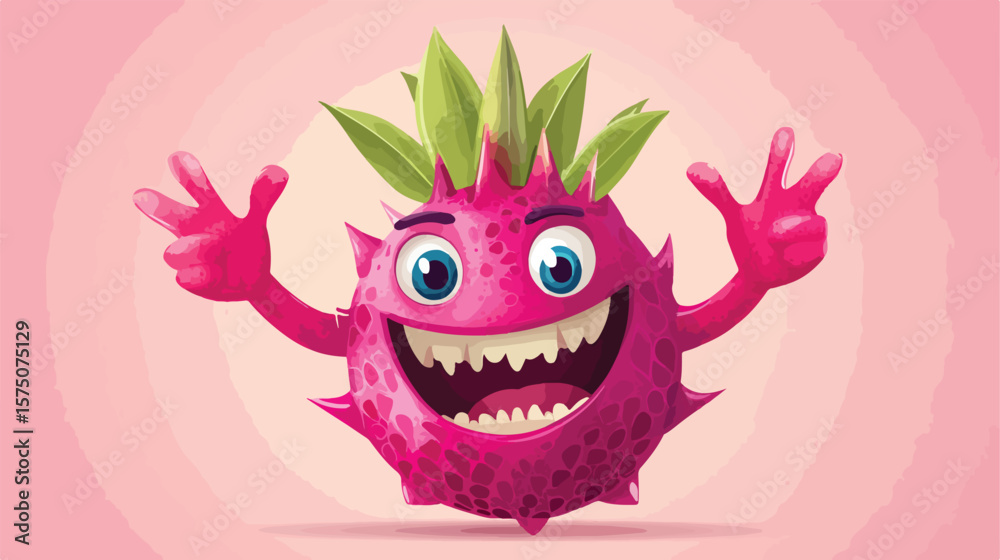Obraz premium Dragon Fruit Cartoon Illustration with Iguana Character