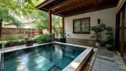 Wallpaper Mural Outdoor spa with rectangular pool surrounded by lush greenery wooden pergola structure and tiled patio serene and relaxing environment Torontodigital.ca