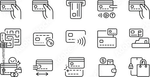 Various black outline icons depicting credit card usage and payment methods shown