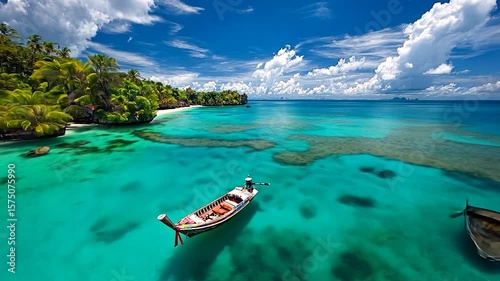 Aerial view of turquoise waters revealing a boat and lush vegetation on a sunny day creating serene atmosphere