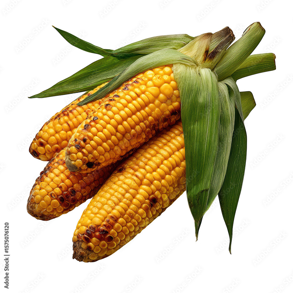 Three grilled corn cobs with green leaves isolated on transparent background, representing a healthy vegetarian diet Three grilled corn cobs with green leaves isolated on transparent background, representing a healthy vegetarian diet