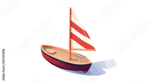 Isometric Boat with Red Striped Sail on Water Surface