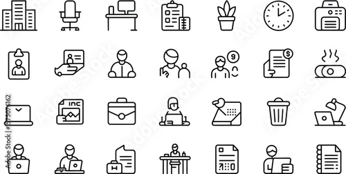 Wallpaper Mural A collection of office related icons including building, desk, and office supplies Torontodigital.ca