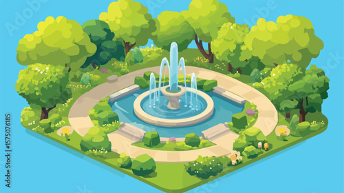 Isometric City Park Landscape Design Concept with Modern Buildings and Green Spaces