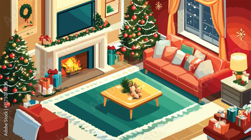 Isometric Festive Living Room with Decorated Christmas Tree