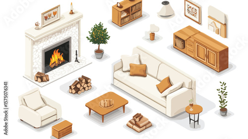 Modern Isometric Furniture Set with Fireplace, Sofa, and Pillows