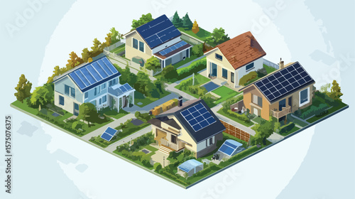 Isometric Houses with Solar Panels and a Garden