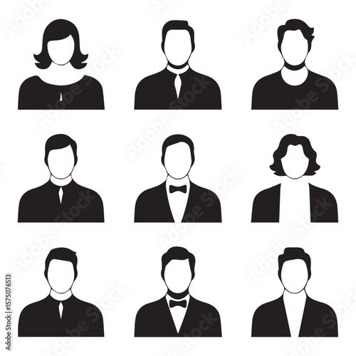 Collection of nine diverse black and white silhouette profile icons representing people