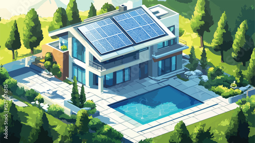 Isometric Modern Home with Solar Panels - Eco-Friendly Architecture Design