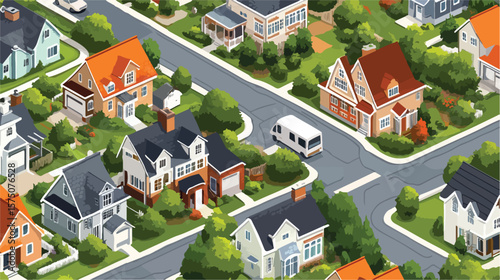 Modern Isometric Neighborhood with Diverse Mix of Houses and Garages
