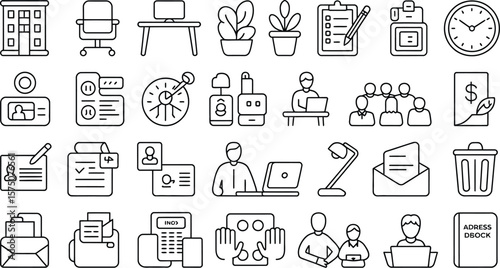 Wallpaper Mural A collection of office related line art icons depicting various office supplies and people Torontodigital.ca