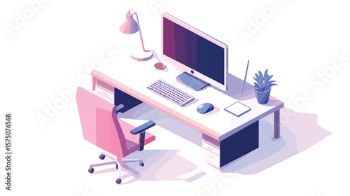 Modern Isometric Office Desk with Monitor and Coffee Cup