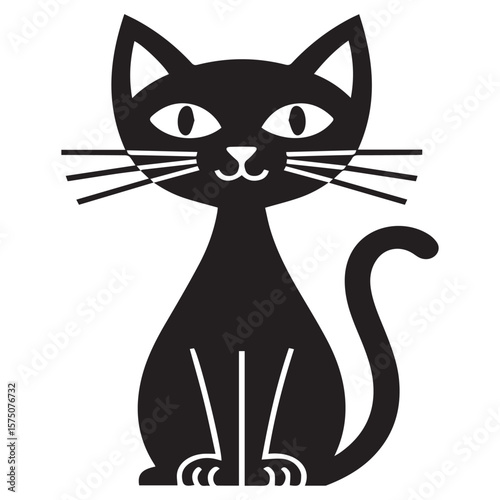 Stylized black cat illustration sitting and looking forward with white background