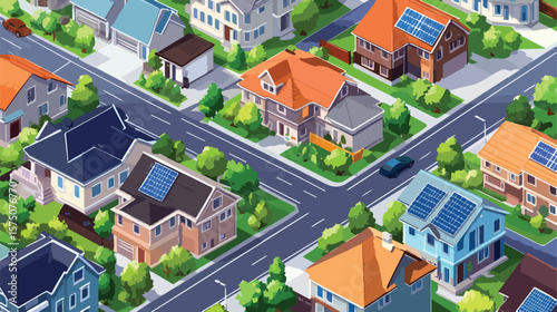 Isometric Street View with Houses and Solar Panels