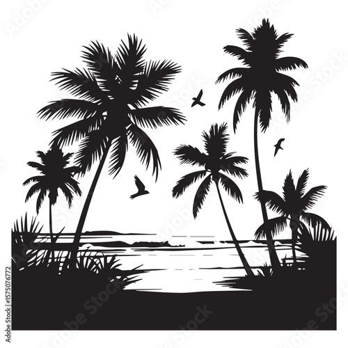 Silhouette of palm trees and birds flying over a tranquil ocean scene
